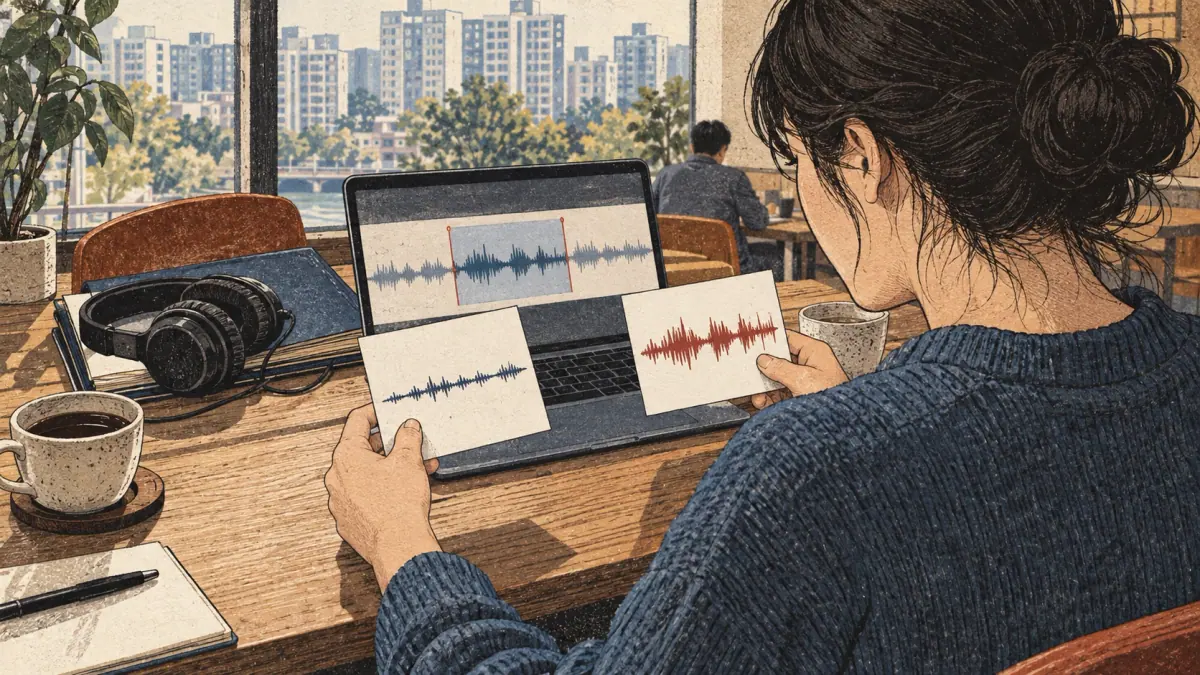 A learner compares a reference recording with a separate voice take.