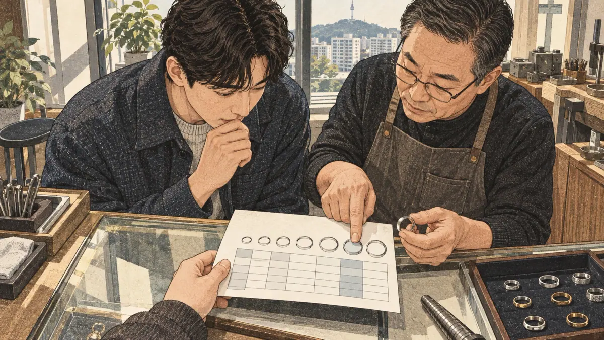 A learner checks ring measurements with tools and a seller-specific record.