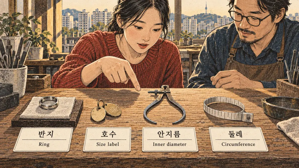 Illustrated study example: 반지, 호수, 안지름, 둘레.
