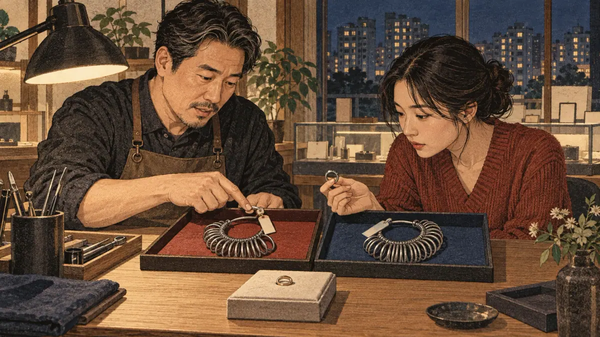 A learner checks ring measurements with tools and a seller-specific record.