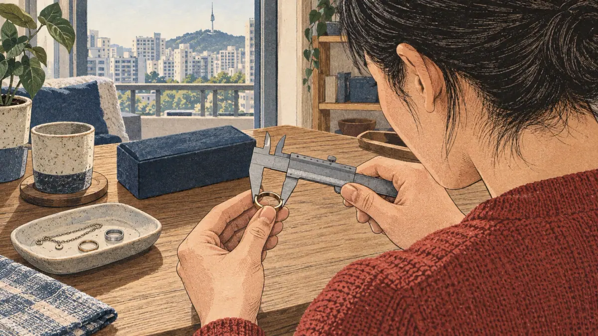 A learner checks ring measurements with tools and a seller-specific record.