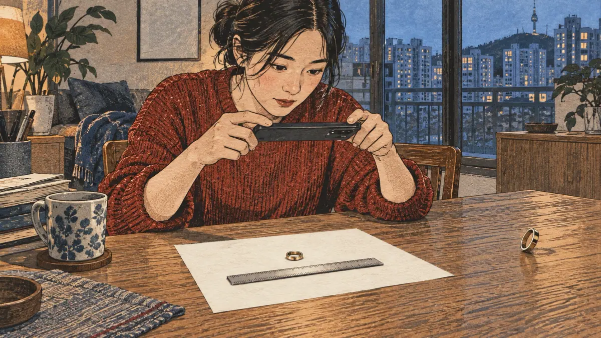 A learner checks ring measurements with tools and a seller-specific record.