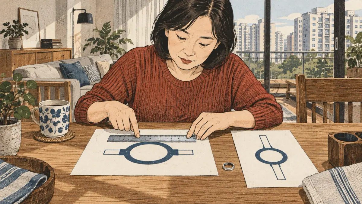 A learner checks ring measurements with tools and a seller-specific record.