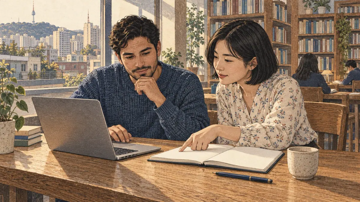 Two adult learners compare a laptop and notebook while studying Korean romanization in a Seoul library.