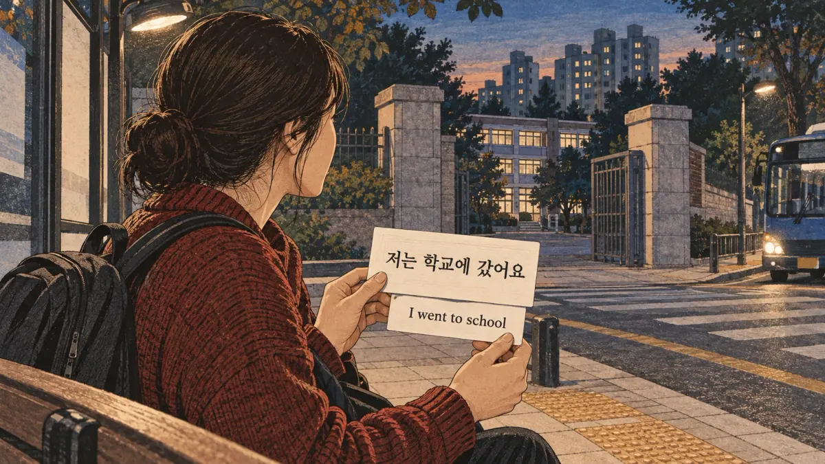 Illustrated study example: 저는 학교에 갔어요.