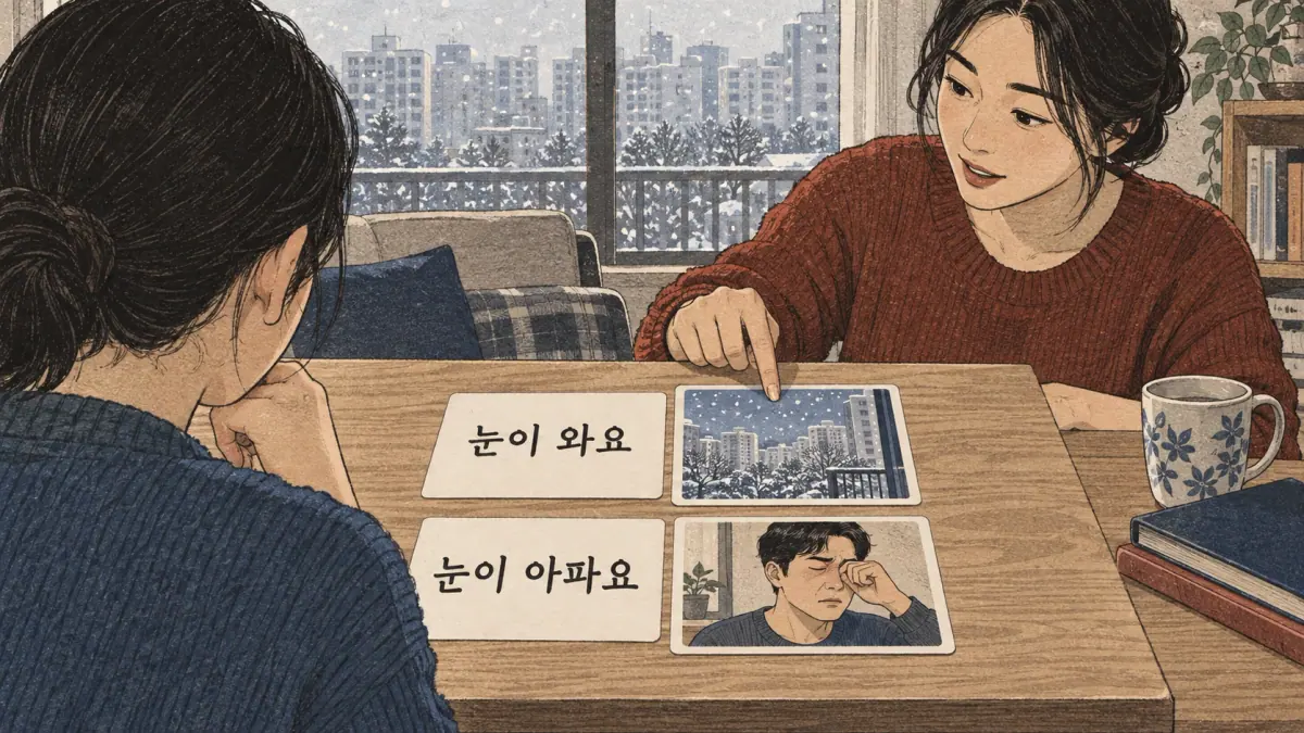 Illustrated study example: 눈이 와요, 눈이 아파요.