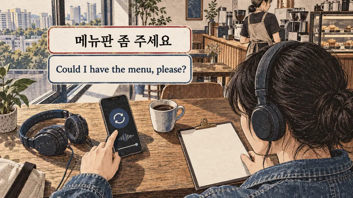 Illustrated study example: 메뉴판 좀 주세요.