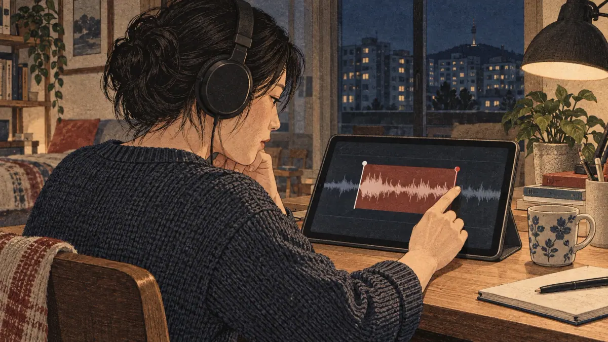 A learner uses headphones, audio loops and speaking gaps to practise.