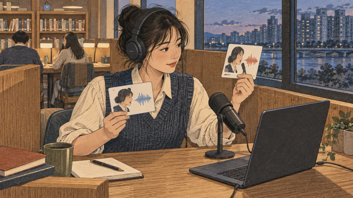 A learner uses headphones, audio loops and speaking gaps to practise.