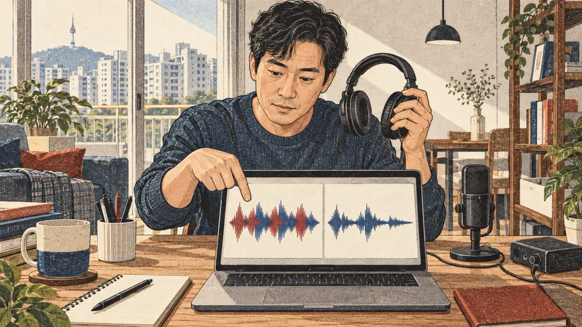 A learner uses headphones, audio loops and speaking gaps to practise.