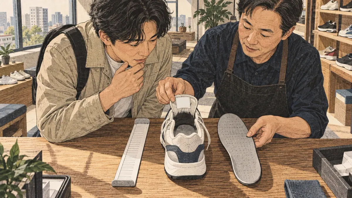A buyer checks separate foot measurements and manufacturer size charts.