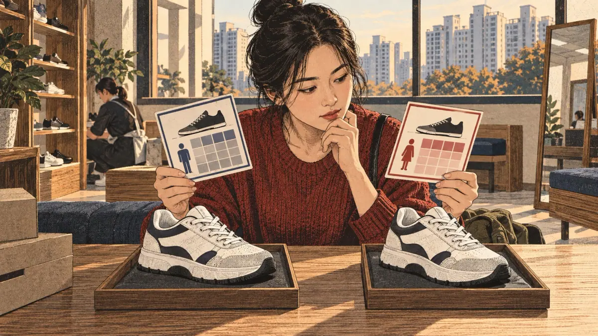 A buyer checks separate foot measurements and manufacturer size charts.