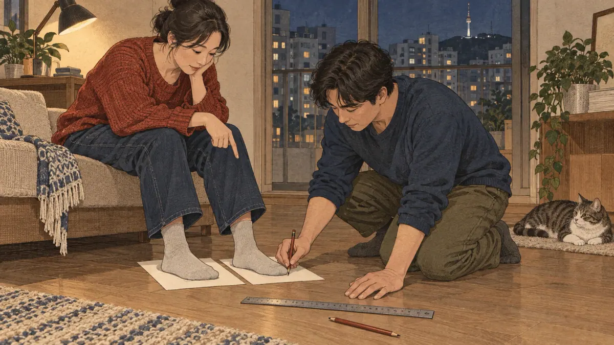A buyer checks separate foot measurements and manufacturer size charts.