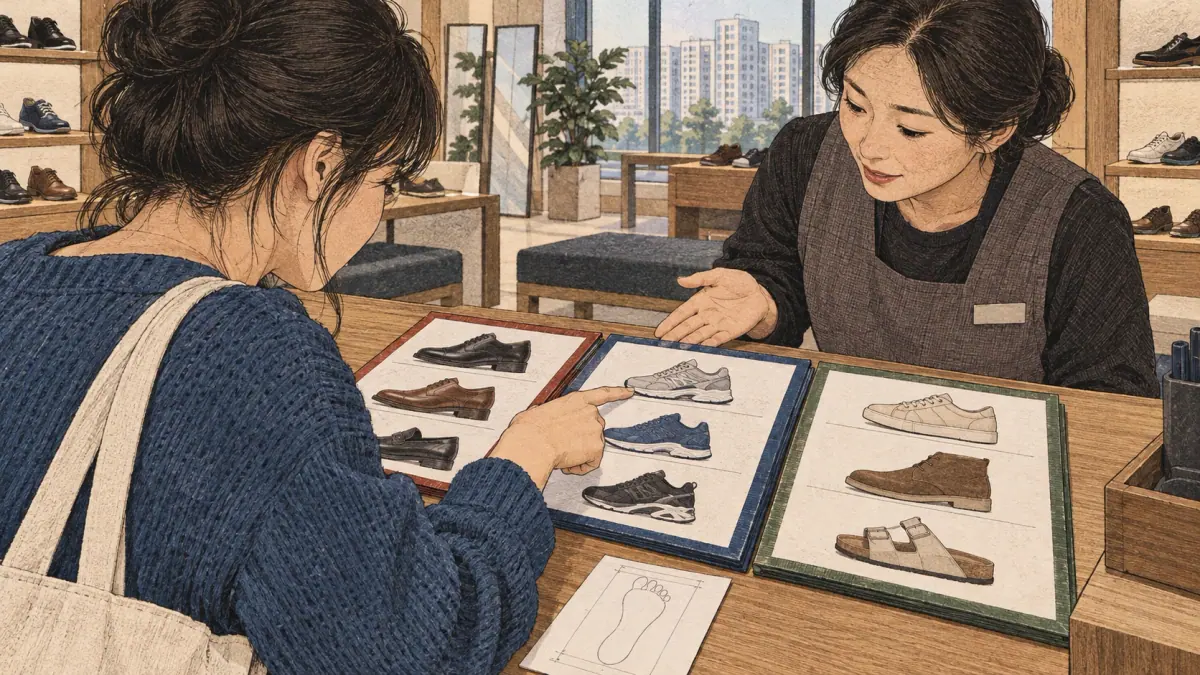 A buyer checks separate foot measurements and manufacturer size charts.