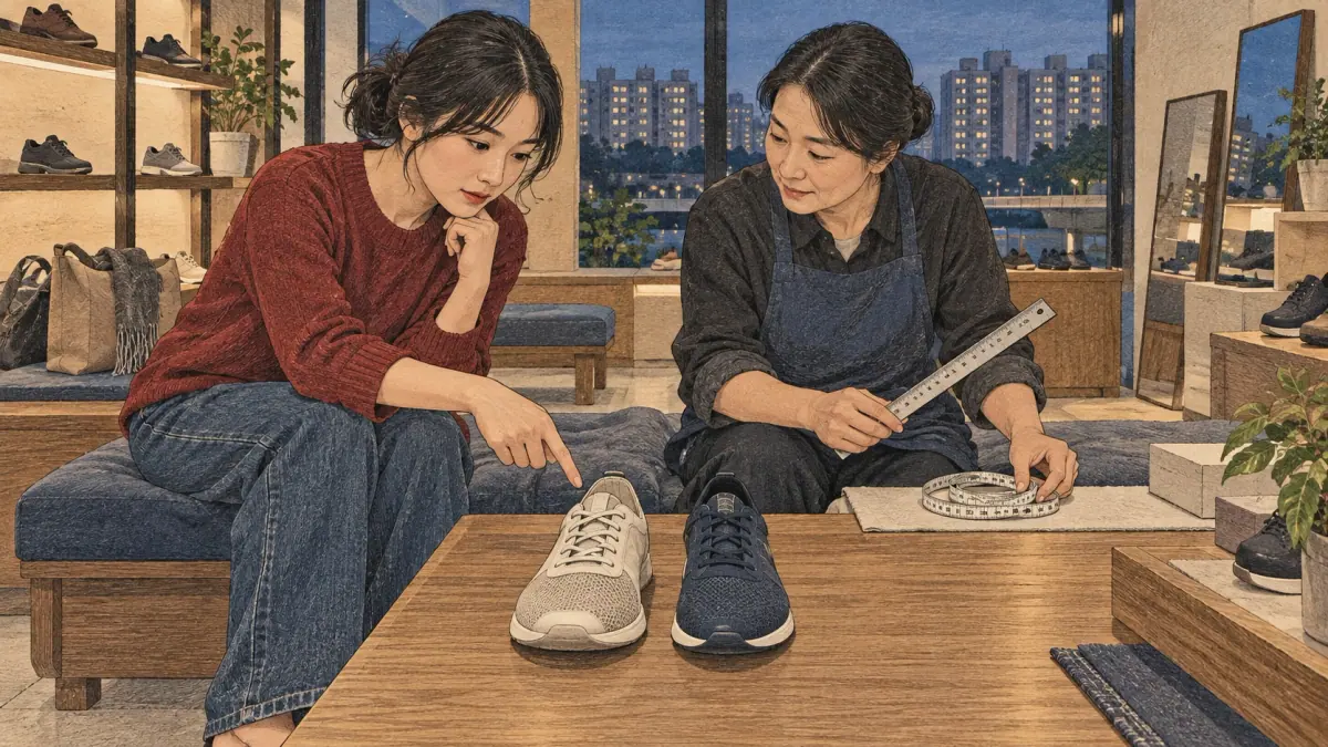 A buyer checks separate foot measurements and manufacturer size charts.