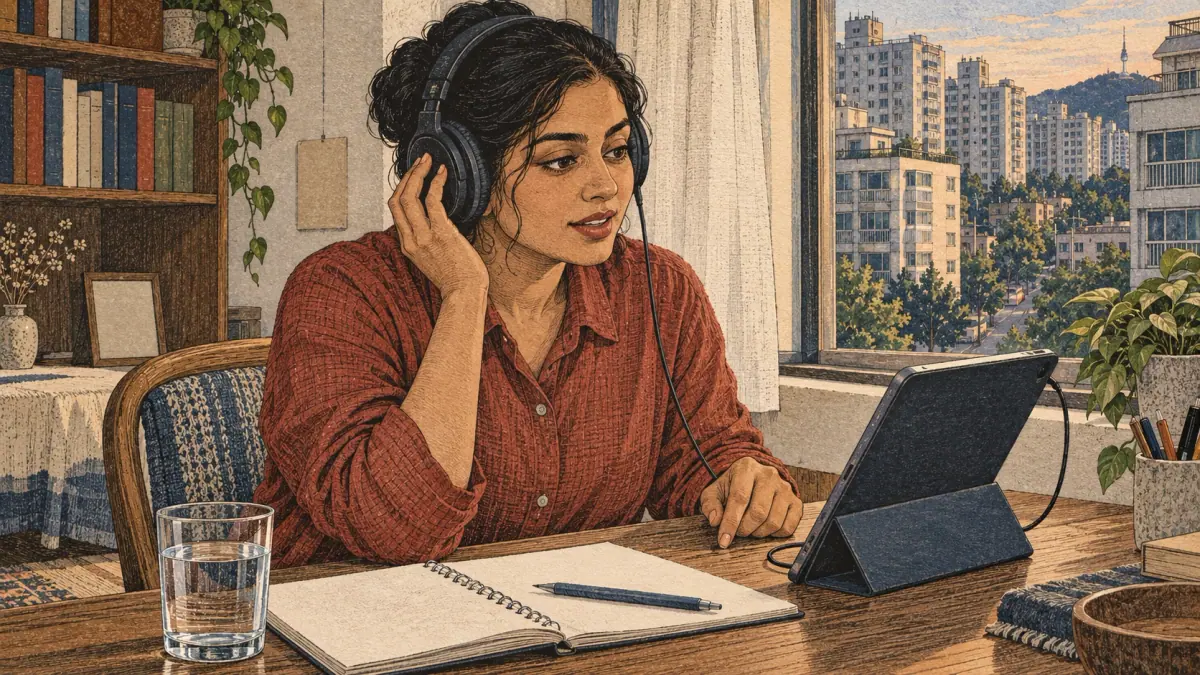Una estudiante adulta escucha con auriculares mientras consulta la pronunciación coreana en una tableta en un apartamento de Seúl.