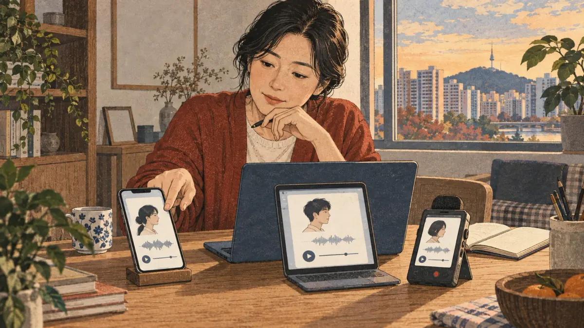A learner selects a voice source and compares text with generated audio.