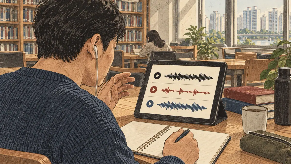 A learner selects a voice source and compares text with generated audio.