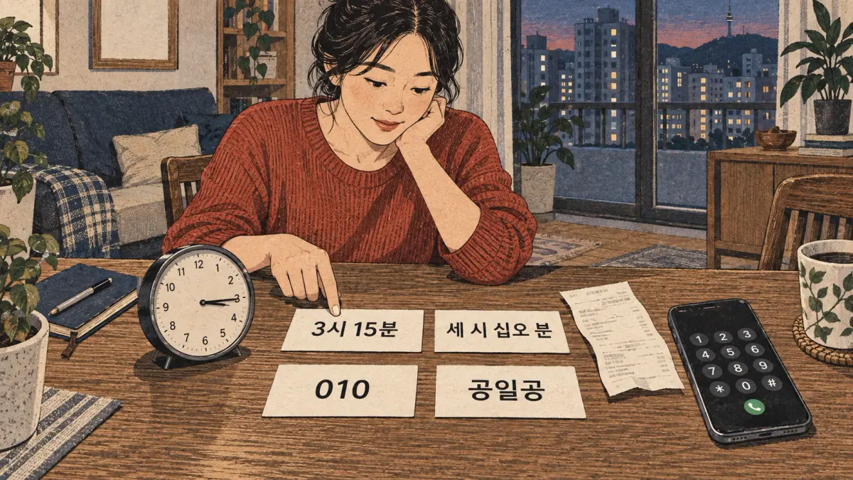Illustrated study example: 시, 분, 세 시 십오 분, 공일공.