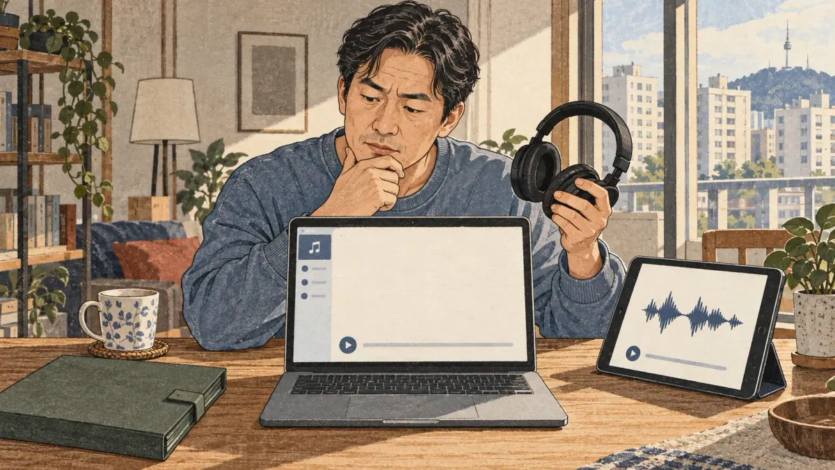 A learner selects a voice source and compares text with generated audio.