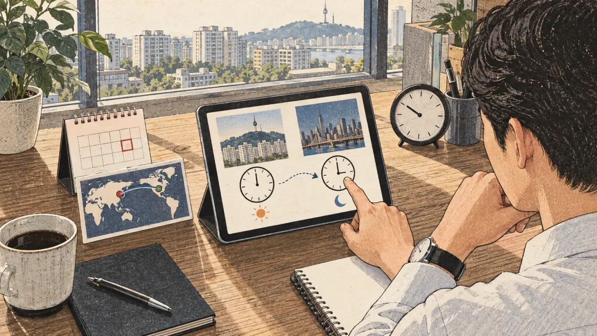 A learner compares dated event cards and destination clocks.
