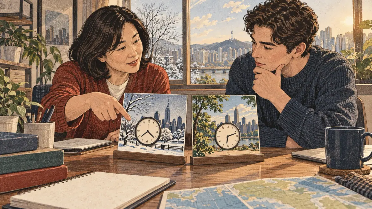 A learner compares dated event cards and destination clocks.