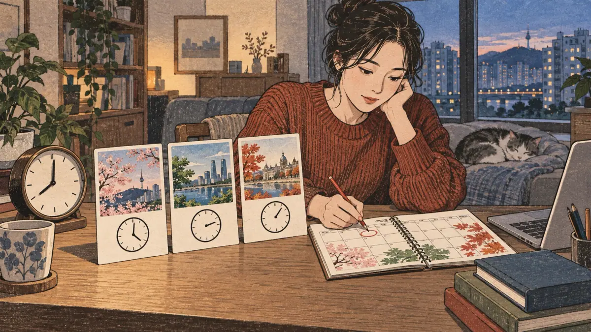 A learner compares dated event cards and destination clocks.