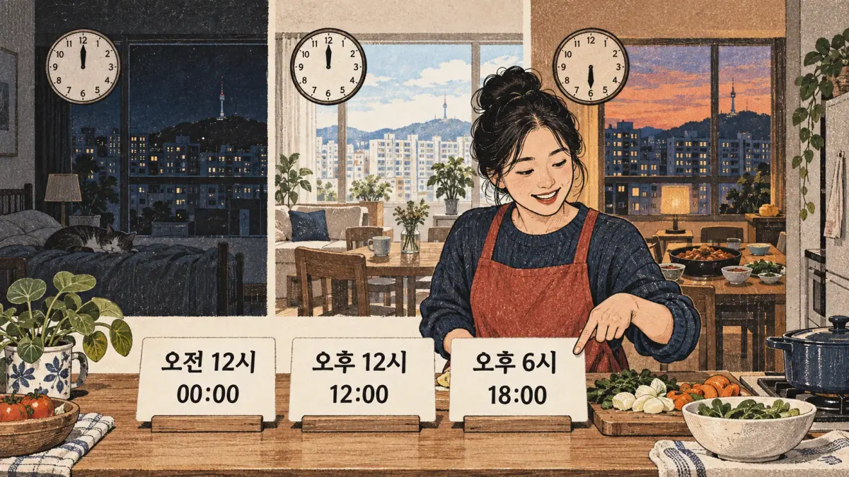 Illustrated study example: 오전, 시, 오후.