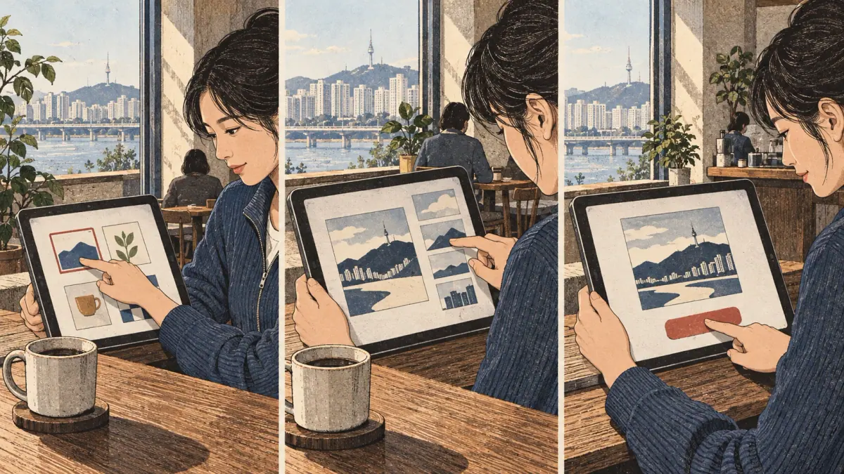 Three moments of private tablet puzzle practice.