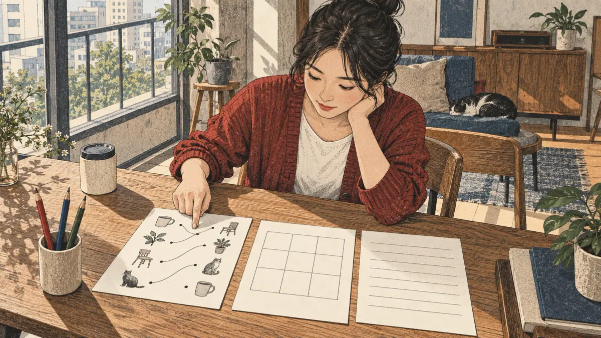 A 29-year-old learner in a cardigan at a Seongsu café table compares three distinct papers: a line-matching page, a blank bingo grid and a ruled recall page.
