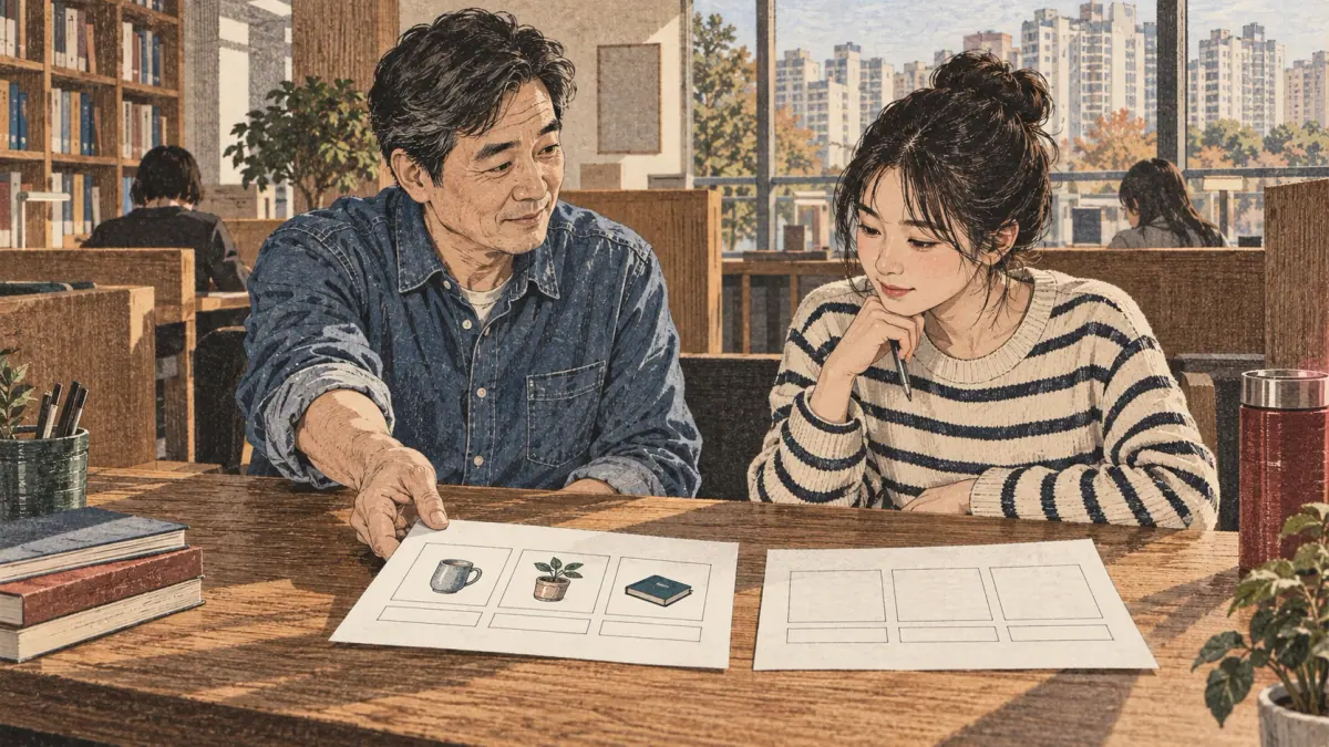 A 51-year-old tutor in a denim shirt and a 26-year-old learner in a striped sweater sit at a Seoul library booth.
