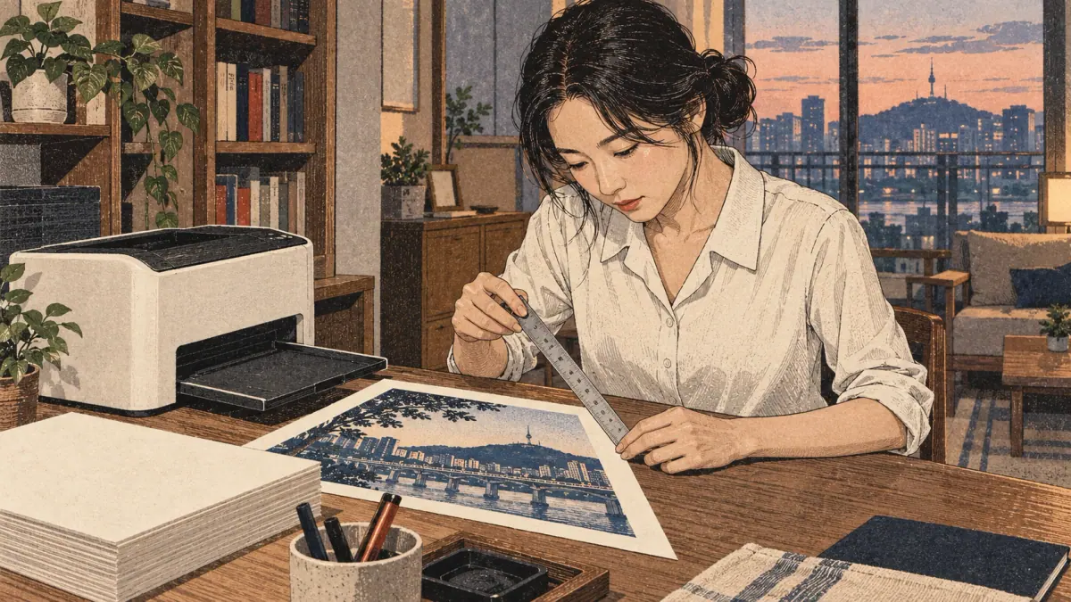 A 34-year-old teacher in a rolled-sleeve blouse examines one test print beside a small desktop printer in a Seoul apartment study.