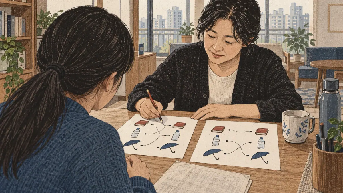 A 46-year-old Korean teacher in a dark cardigan reconciles one learner matching page and one corresponding key at a community center desk.