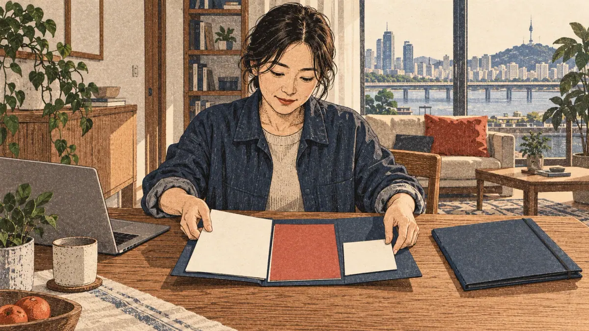 A 38-year-old learner in a cotton jacket organizes three paper items into one open archival folder beside a laptop at a Mapo apartment table: student sheet, teacher key and source backup represented by a plain card.