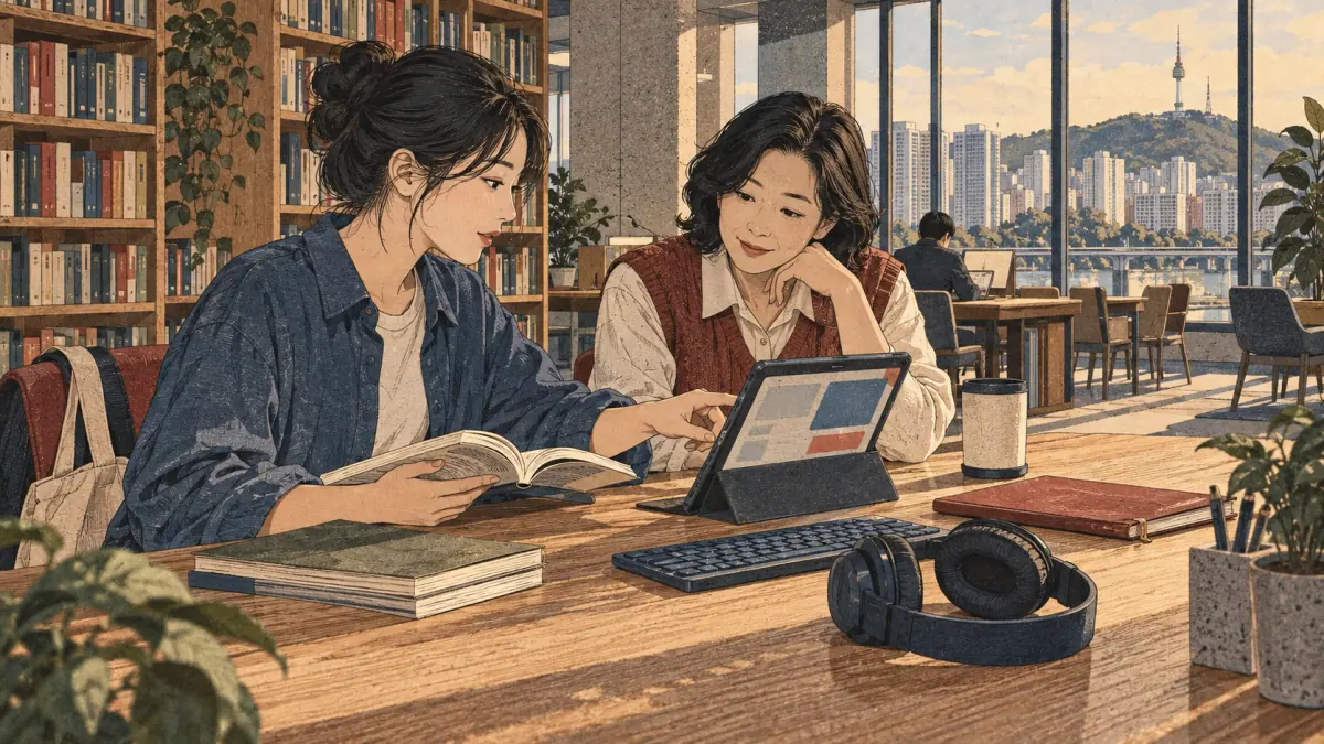 Learner and tutor choosing among tablet, headphones, reader and keyboard in a Seoul library.