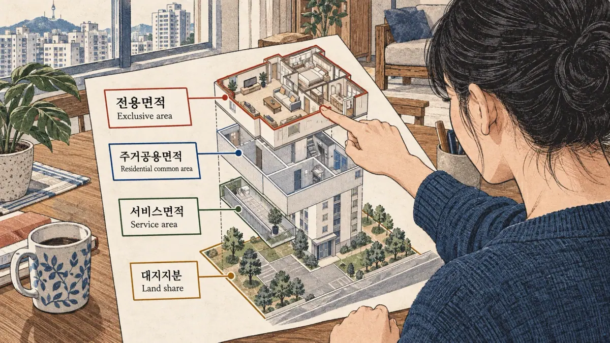 Apartment cutaway labels 전용면적; 주거공용면적; 서비스면적; 대지지분