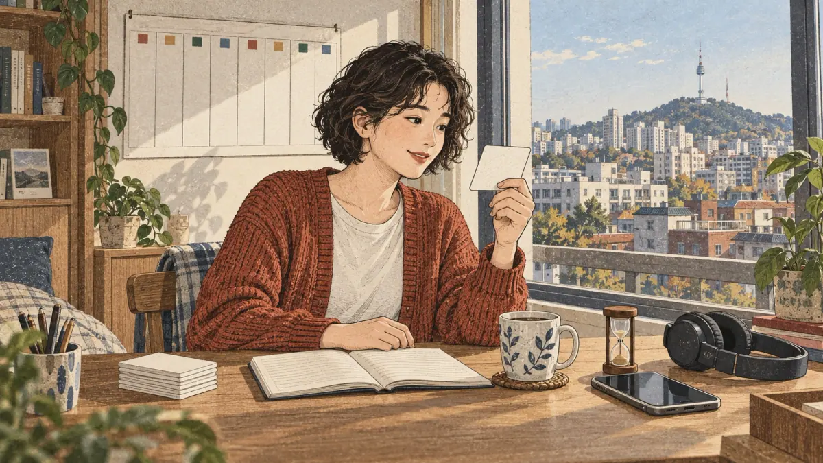 A beginner learner balances flashcards, grammar review and listening practice at a Seoul apartment desk.
