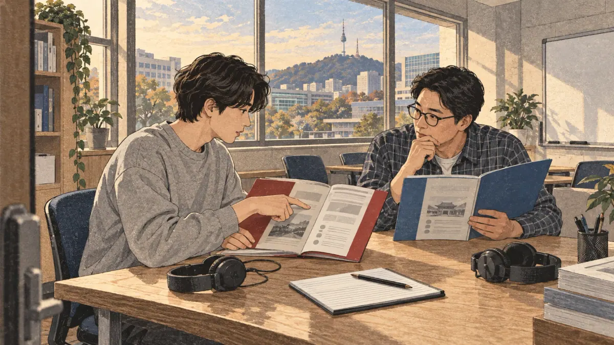 Beginner and intermediate learners compare exam folders and writing materials in a Seoul language centre.