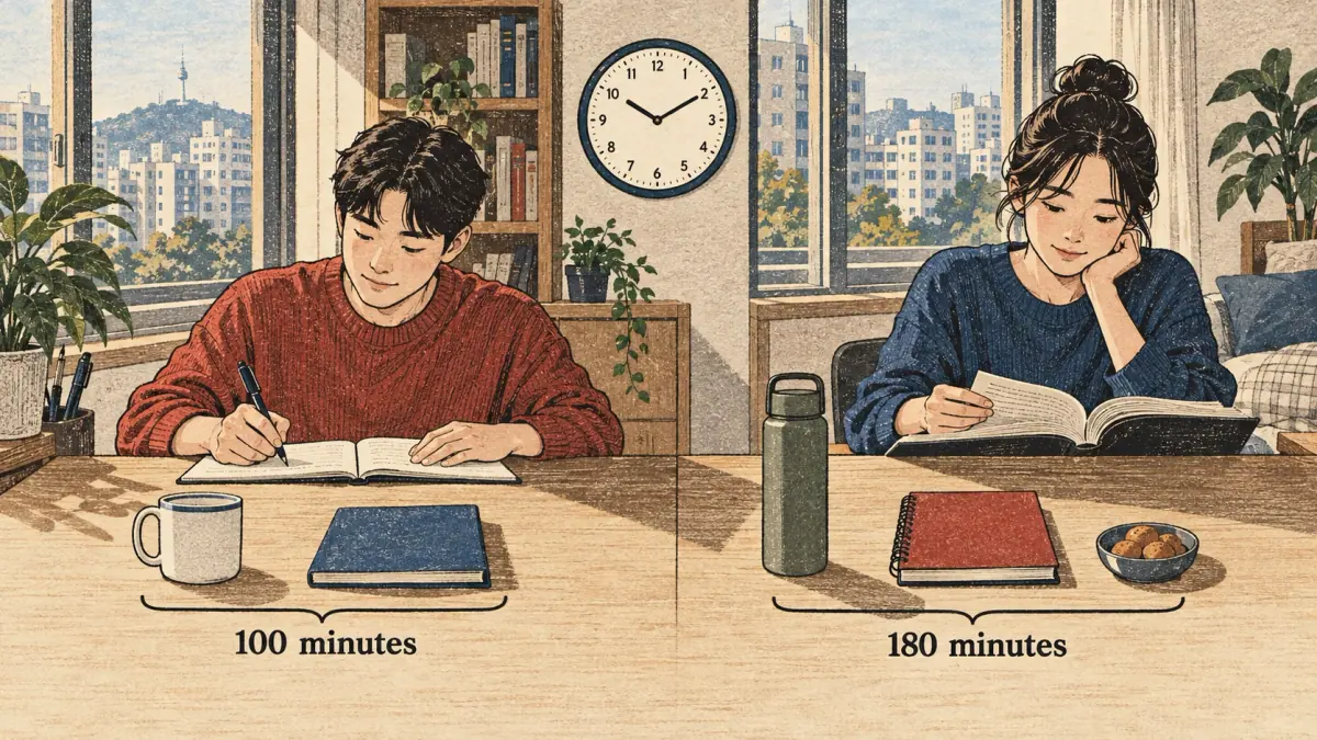 Teaching scene showing two periods in a Seoul study setting.