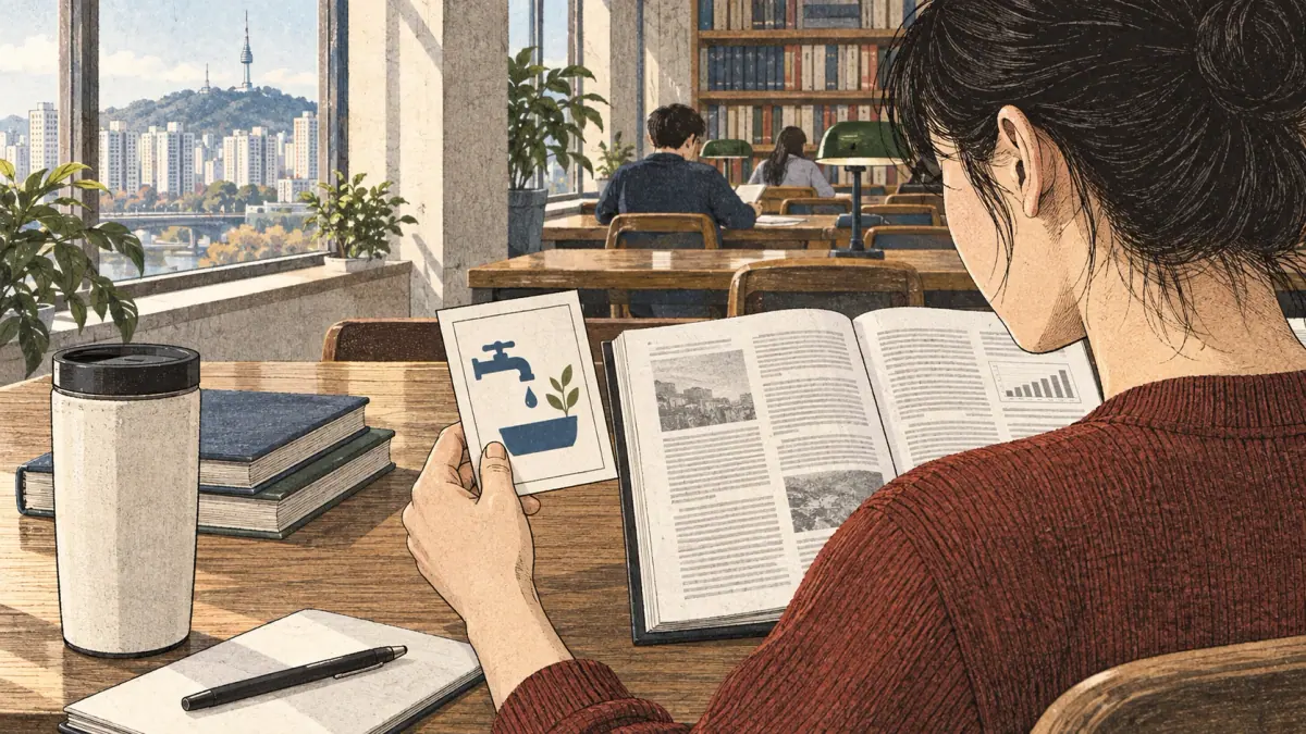 Teaching scene showing different text demands in a Seoul study setting.