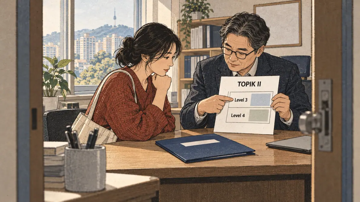 Teaching scene showing institution requirement in a Seoul study setting.