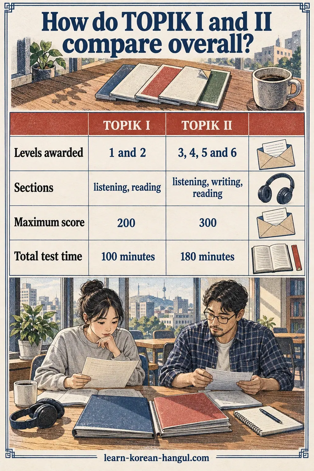 Illustrated cheat sheet with 4 study rows and a Seoul practice scene.