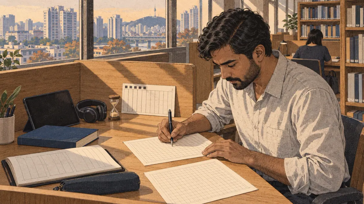 An intermediate learner practices a timed essay at a Seoul library study desk.
