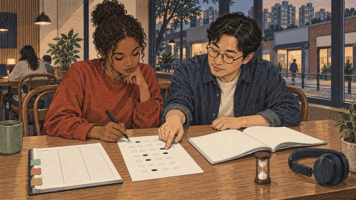 A learner and Korean tutor check answer-sheet alignment while reviewing a practice exam.