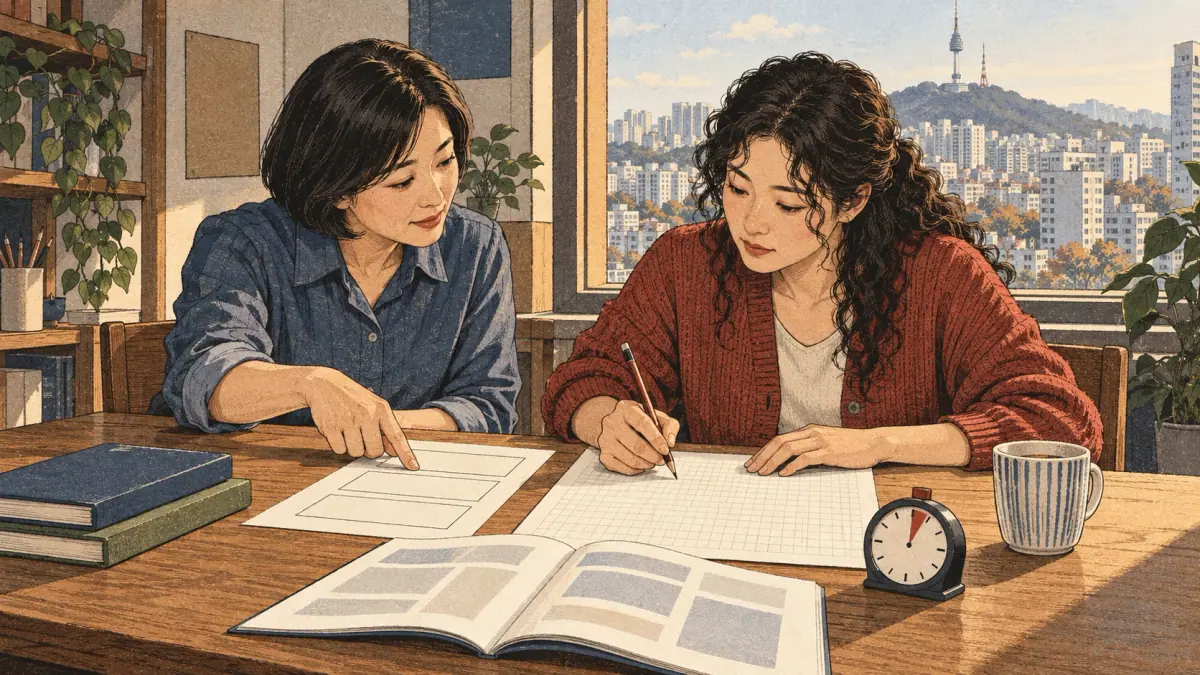 An adult learner practises a timed Korean essay while a tutor helps organise the work.