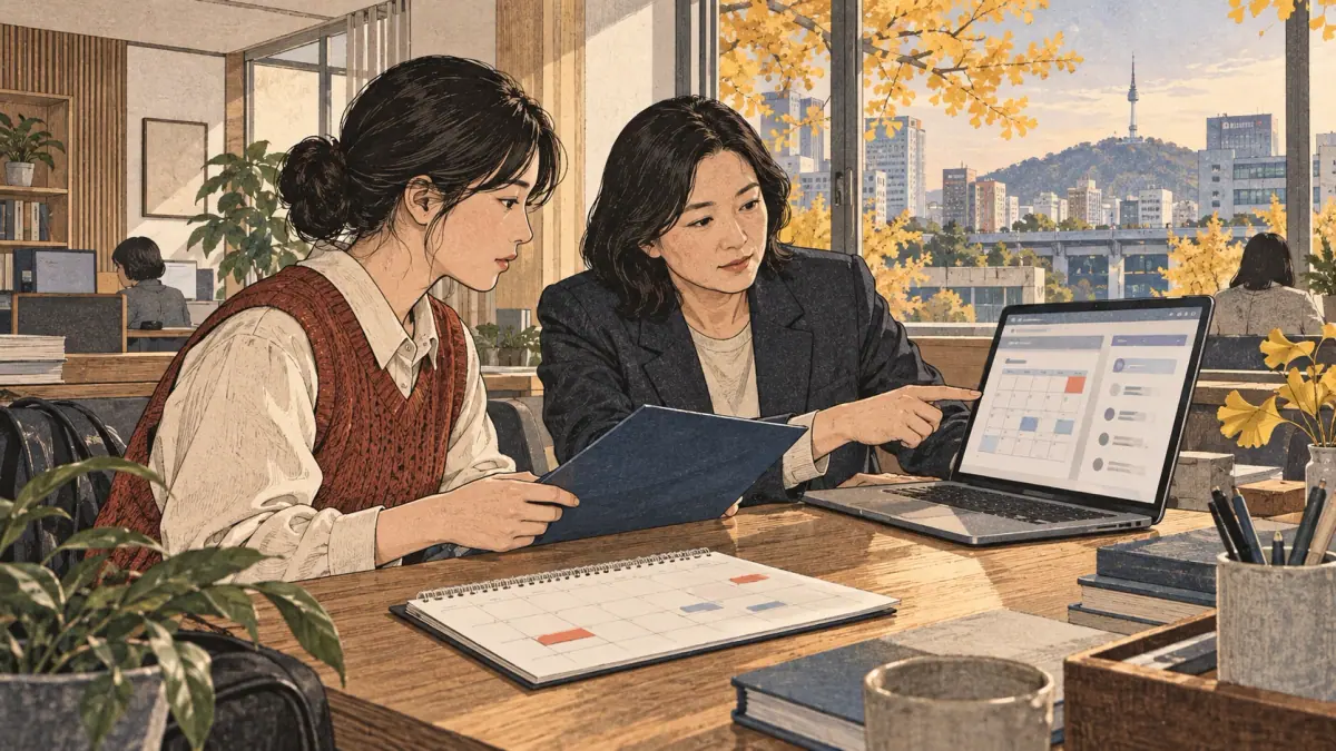 Applicant and adviser check a provisional calendar against the official schedule in a Seoul education office.