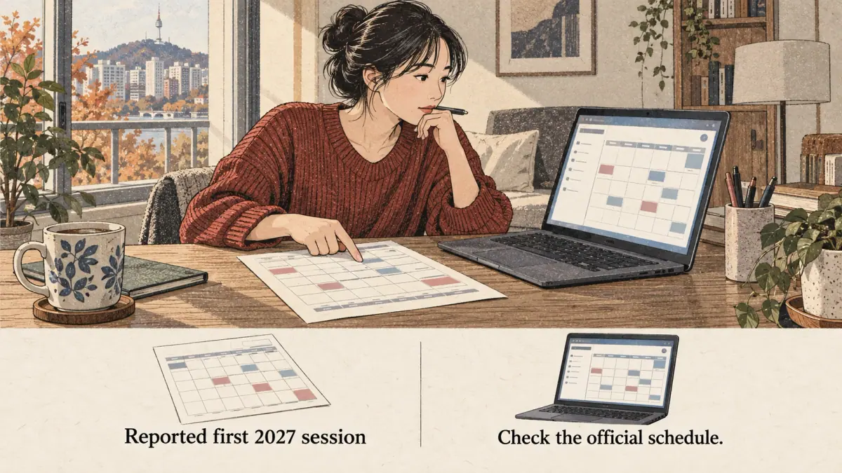 Teaching scene showing provisional calendar in a Seoul study setting.