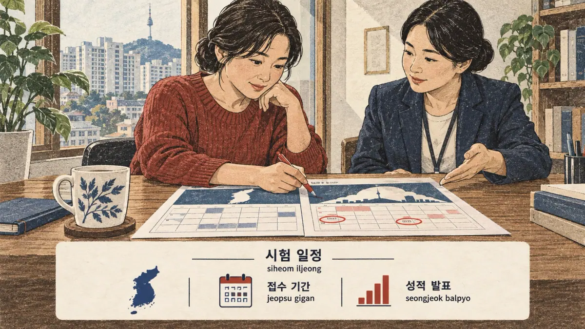 Schedule checkpoints: 시험 일정; siheom iljeong; 접수 기간; jeopsu gigan; 성적 발표; seongjeok balpyo