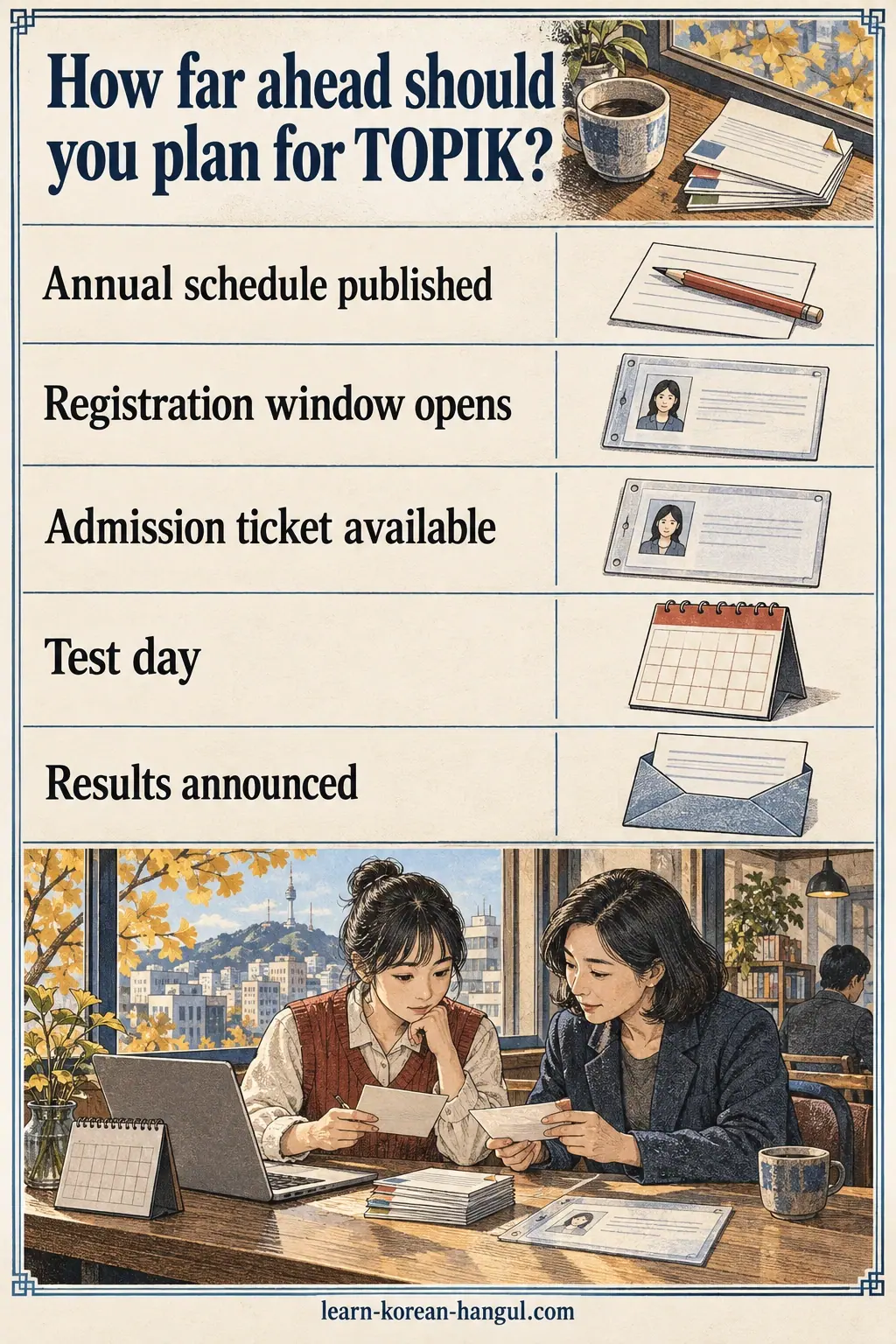 Illustrated cheat sheet with 5 study rows and a Seoul practice scene.