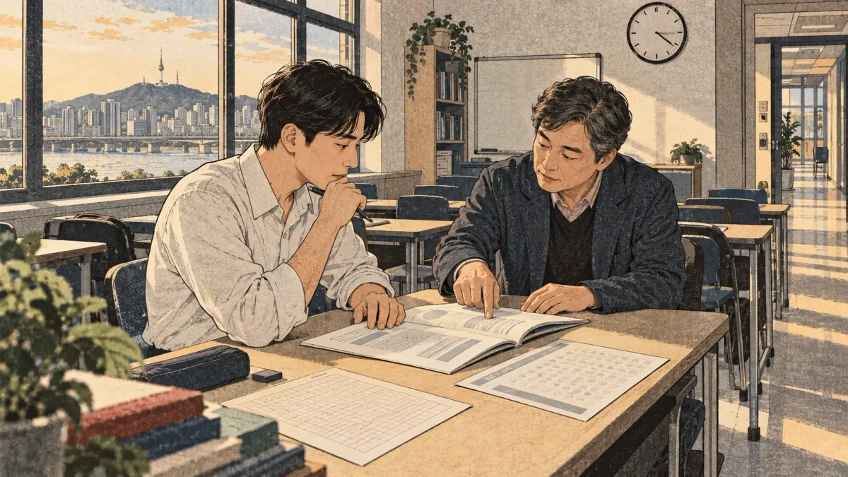 Candidate and tutor rehearse using a booklet, answer sheet and manuscript paper in a Seoul classroom.